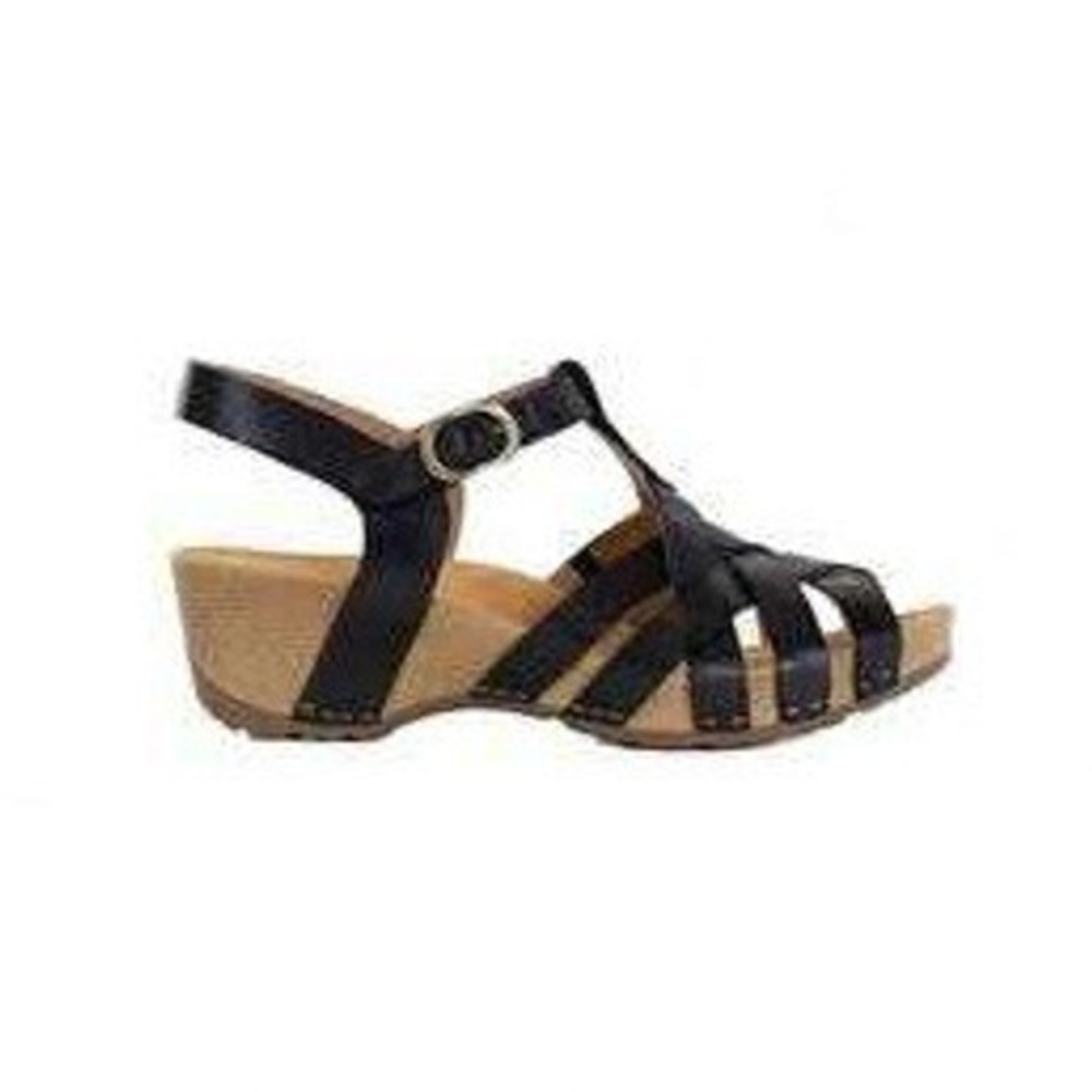 Dansko Womens‎ Black Leather T-Strap Wedge Sandals Size 39 EU 8.5-9 US Strappy